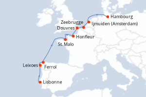 Carte de l'itinéraire de croisière Lisbonne-Hambourg d'une durée de 9 jours
