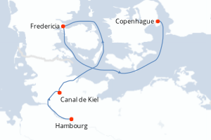 Carte de l'itinéraire de croisière Hambourg-Copenhague d'une durée de 4 jours