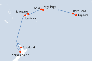 Carte de l'itinéraire de croisière Papeete-Auckland d'une durée de 15 jours