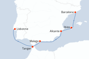 Carte de l'itinéraire de croisière Barcelone-Lisbonne d'une durée de 7 jours