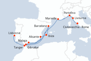 Carte de l'itinéraire de croisière Civitavecchia - Rome-Lisbonne d'une durée de 14 jours