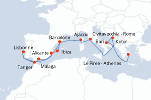 Carte de l'itinéraire de croisière Barcelone-Le Piree - Athenes d'une durée de 20 jours