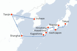 Carte de l'itinéraire de croisière Incheon-Tokyo d'une durée de 12 jours
