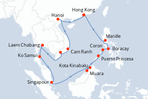 Carte de l'itinéraire de croisière Hong Kong-Hong Kong d'une durée de 22 jours