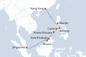 Carte de l'itinéraire de croisière Singapour-Hong Kong d'une durée de 11 jours