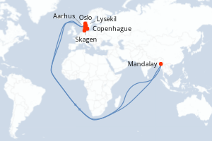 Carte de l'itinéraire de croisière Oslo-Copenhague d'une durée de 7 jours