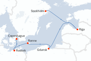 Carte de l'itinéraire de croisière Copenhague-Stockholm d'une durée de 7 jours
