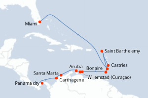 Carte itinéraire croisière Panama, Colombie, Pays-Bas, Grenade, Sainte-Lucie, France, Saint Vincent-et-les-Grenadines, États-Unis - 14 jours au départ de Panama city - Caraïbes Bahamas