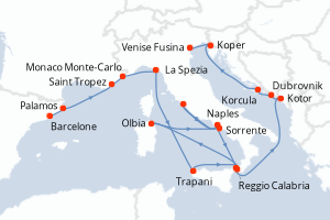 Carte de l'itinéraire de croisière Barcelone-Venise Fusina d'une durée de 18 jours