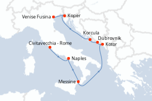 Carte de l'itinéraire de croisière Civitavecchia - Rome-Venise Fusina d'une durée de 8 jours
