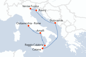 Carte de l'itinéraire de croisière Civitavecchia - Rome-Venise Fusina d'une durée de 7 jours
