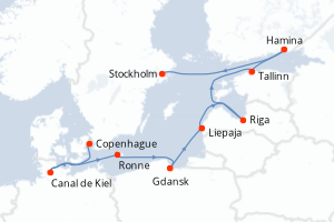 Carte de l'itinéraire de croisière Copenhague-Stockholm d'une durée de 10 jours