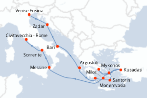 Carte de l'itinéraire de croisière Venise Fusina-Civitavecchia - Rome d'une durée de 14 jours