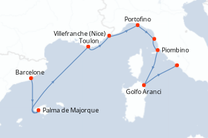 Carte de l'itinéraire de croisière Barcelone-Civitavecchia - Rome d'une durée de 9 jours