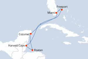 Carte de l'itinéraire de croisière Miami-Miami d'une durée de 7 jours
