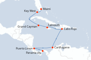Carte de l'itinéraire de croisière Miami-Panama city d'une durée de 12 jours