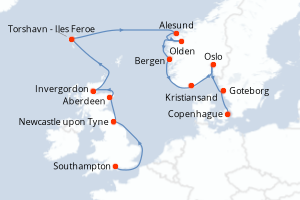 Carte de l'itinéraire de croisière Southampton-Copenhague d'une durée de 14 jours