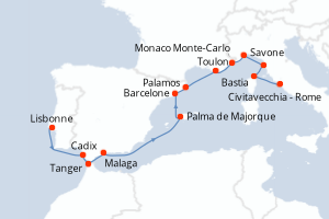 Carte itinéraire croisière Portugal, Espagne, Maroc, France, Monaco, Italie - 14 jours au départ de Lisbonne - Méditerranée