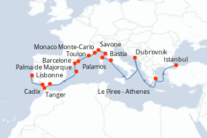 Carte itinéraire croisière Portugal, Espagne, Maroc, France, Monaco, Italie, Croatie, Grèce, Turquie - 23 jours au départ de Lisbonne - Méditerranée