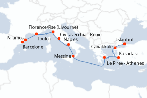 Carte de l'itinéraire de croisière Istanbul-Barcelone d'une durée de 11 jours
