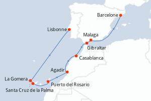 Carte de l'itinéraire de croisière Lisbonne-Barcelone d'une durée de 10 jours