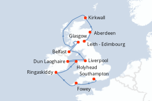 Carte de l'itinéraire de croisière Southampton-Leith - Edimbourg d'une durée de 11 jours