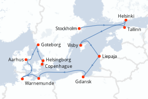 Carte de l'itinéraire de croisière Stockholm-Copenhague d'une durée de 12 jours