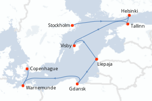 Carte de l'itinéraire de croisière Stockholm-Copenhague d'une durée de 8 jours