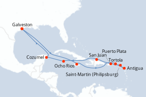 Carte de l'itinéraire de croisière Galveston-Galveston d'une durée de 14 jours