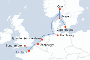 Carte de l'itinéraire de croisière Copenhague-Southampton d'une durée de 9 jours