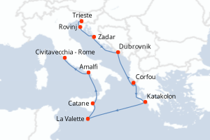 Carte de l'itinéraire de croisière Trieste-Civitavecchia - Rome d'une durée de 10 jours
