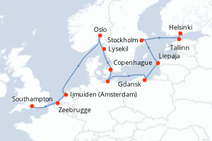 Carte de l'itinéraire de croisière Southampton-Helsinki d'une durée de 14 jours