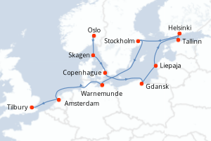 Carte de l'itinéraire de croisière Oslo-Tilbury d'une durée de 13 jours