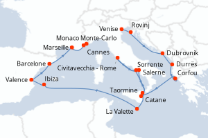 Carte de l'itinéraire de croisière Venise-Monaco Monte-Carlo d'une durée de 17 jours