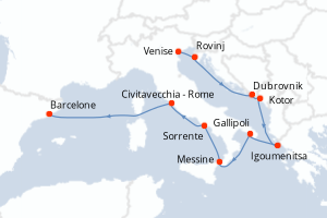 Carte de l'itinéraire de croisière Venise-Barcelone d'une durée de 10 jours
