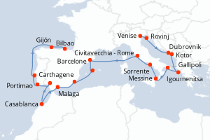 Carte de l'itinéraire de croisière Venise-Bilbao d'une durée de 20 jours