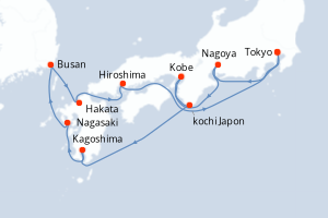 Carte itinéraire croisière Japon, Corée du Sud - 10 jours au départ de Tokyo - Asie