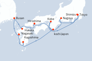 Carte itinéraire croisière Japon, Corée du Sud - 11 jours au départ de Tokyo - Asie