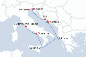 Carte de l'itinéraire de croisière Venise-Civitavecchia - Rome d'une durée de 7 jours