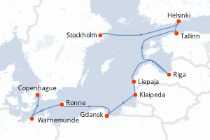 Carte de l'itinéraire de croisière Copenhague-Stockholm d'une durée de 11 jours