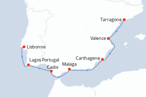 Carte de l'itinéraire de croisière Tarragone-Lisbonne d'une durée de 7 jours