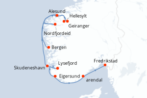Carte de l'itinéraire de croisière Bergen-Fredrikstad d'une durée de 7 jours