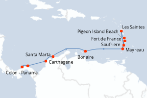 Carte de l'itinéraire de croisière Colon - Panama-Fort de France d'une durée de 10 jours