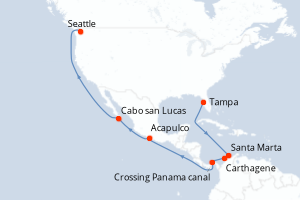Carte de l'itinéraire de croisière Tampa-Seattle d'une durée de 16 jours