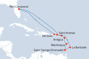 Carte de l'itinéraire de croisière Port Canaveral-Port Canaveral d'une durée de 14 jours