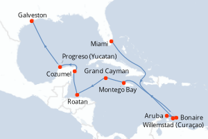 Carte de l'itinéraire de croisière Miami-Galveston d'une durée de 15 jours
