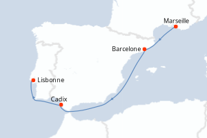 Carte de l'itinéraire de croisière Marseille-Lisbonne d'une durée de 4 jours