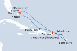 Carte de l'itinéraire de croisière Miami-Miami d'une durée de 10 jours