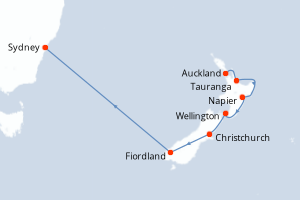 Carte de l'itinéraire de croisière Auckland-Sydney d'une durée de 10 jours