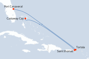 Carte de l'itinéraire de croisière Port Canaveral-Castaway Cay d'une durée de 7 jours